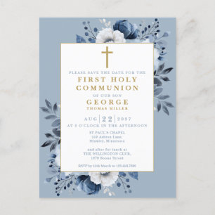 Dusty Blue Floral Holy Communion Save The Date Postcard