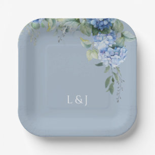  Dusty Blue Floral Hydrangea Initials Wedding  Paper Plate