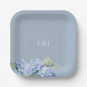 Dusty Blue Floral Hydrangea Initials Wedding  Paper Plate