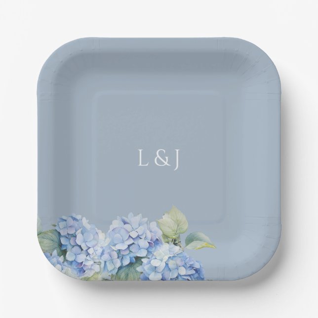 Dusty Blue Floral Hydrangea Initials Wedding  Paper Plate (Front)