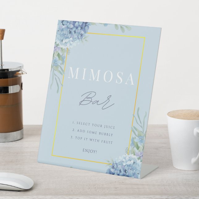 Dusty Blue Floral Hydrangea Mimosa Bar Shower Pedestal Sign (In SItu)