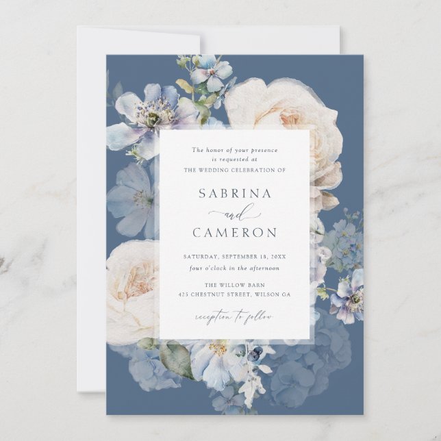 Dusty Blue Floral Hydrangea Roses Wedding Invitation (Front)