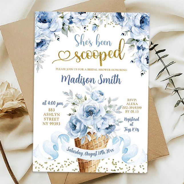 Dusty Blue Floral Ice Cream Scooped Bridal Shower Invitation (Creator Uploaded)