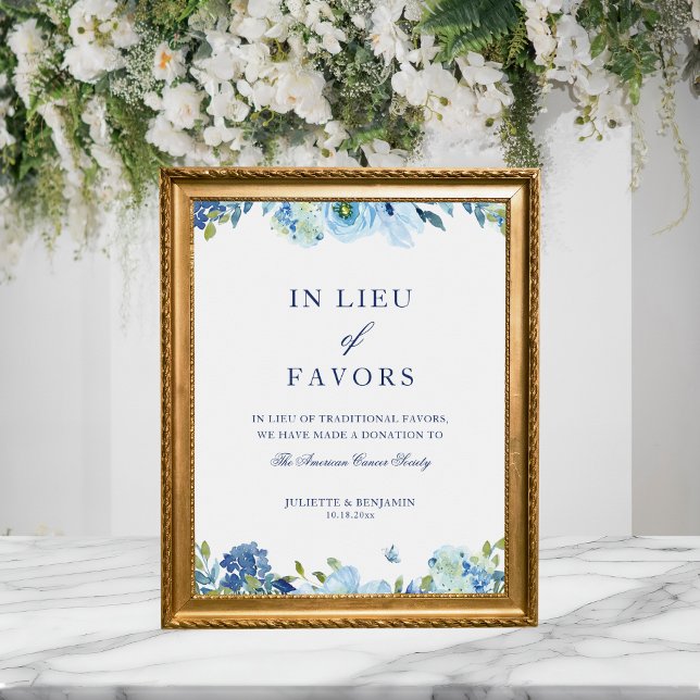 Dusty Blue Floral In Lieu of Favours Wedding Sign (Elegant, vintage, dusty blue, floral In Lieu of Favors wedding sign)
