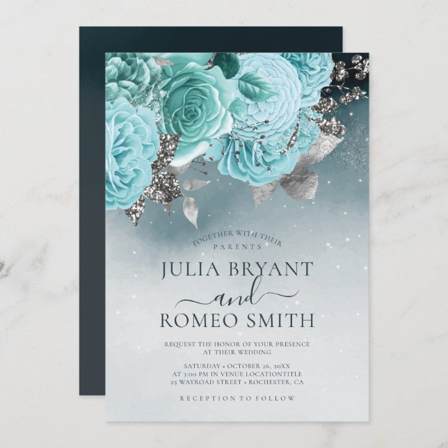 Dusty Blue Floral Invitation (Front/Back)