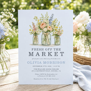 Dusty Blue Floral Jar Farmers Market Bridal Shower Invitation