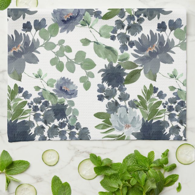 Dusty blue floral Kitchen Towel (Folded)