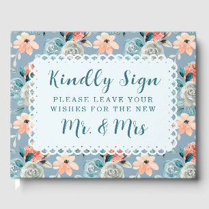 Dusty Blue Floral Lace   Decorative Calligraphy Guest Book