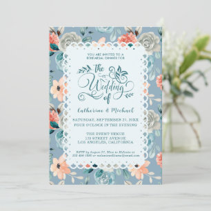 Dusty Blue Floral Lace   Decorative Calligraphy Invitation
