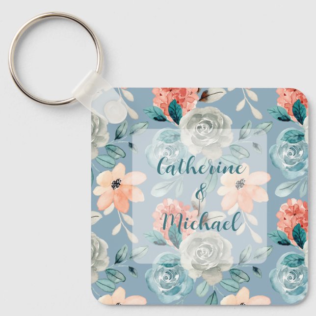 Dusty Blue Floral Lace | Decorative Calligraphy Key Ring (Front)