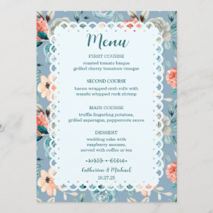 Dusty Blue Floral Lace Decorative Calligraphy Menu
