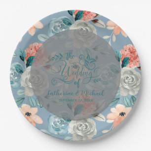Dusty Blue Floral Lace Decorative Calligraphy Paper Plate