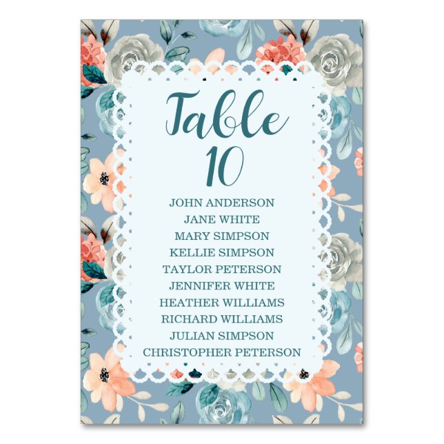 Dusty Blue Floral Lace | Decorative Calligraphy Table Number (Front)