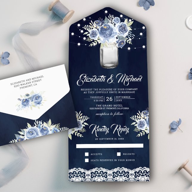 Dusty Blue Floral Lace Mason Jar Navy Blue Wedding All In One Invitation (Creator Uploaded)