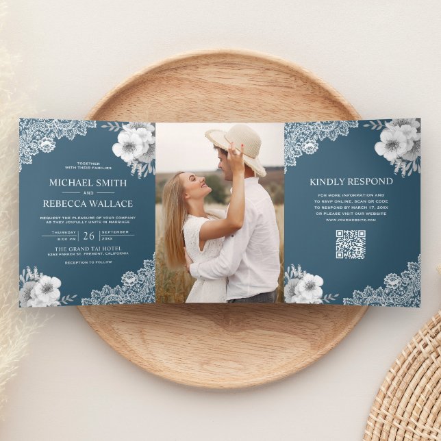 Dusty Blue Floral Lace Photo QR Code Wedding Tri-Fold Invitation (Creator Uploaded)