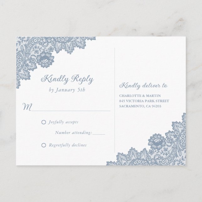 Dusty Blue Floral Lace Rustic Wedding RSVP Invitation Postcard (Back)