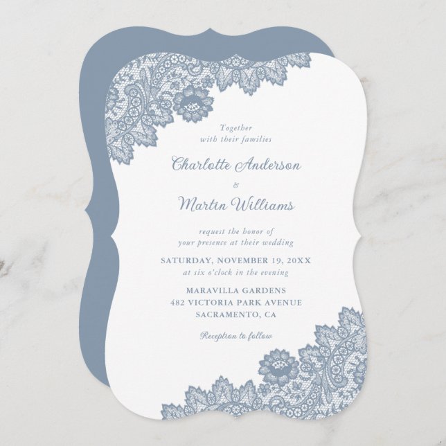 Dusty Blue Floral Lace Rustic Winter Wedding Invitation (Front/Back)