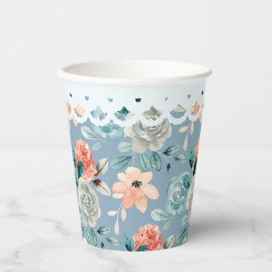 Dusty Blue Floral Lace Wedding Calligraphy Paper Cups