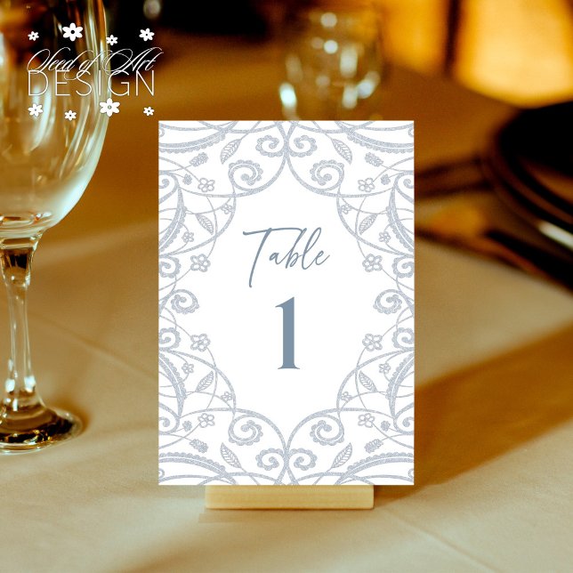 Dusty Blue Floral Lace Wedding Table Number (Creator Uploaded)