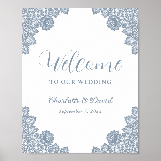 Dusty Blue Floral Lace Wedding Welcome Sign (Front)