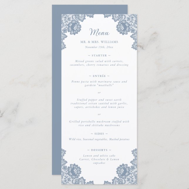 Dusty Blue Floral Lace Winter Wedding Menu (Front/Back)