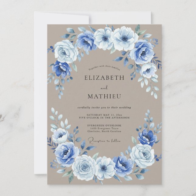 Dusty Blue Floral Laurel Wedding Invitation (Front)