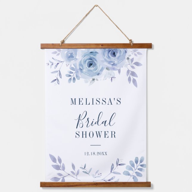 Dusty Blue Floral Lilac Bridal Shower Hanging Tapestry (Front)
