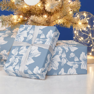 Dusty Blue Floral Line Art Elegant Gift Wrapping Paper