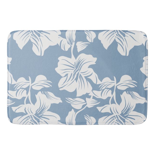 Dusty Blue Floral Line Art Plush Bath Mat (Front)