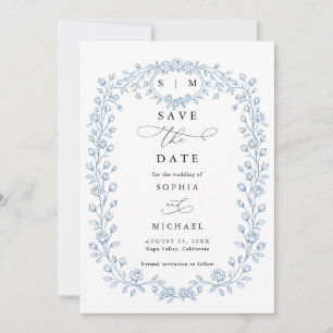 Dusty Blue Floral Line Art Save The Date Invite