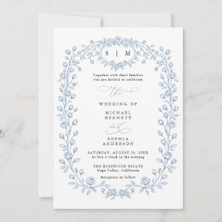 Dusty Blue Floral Line Art Wedding Invitation