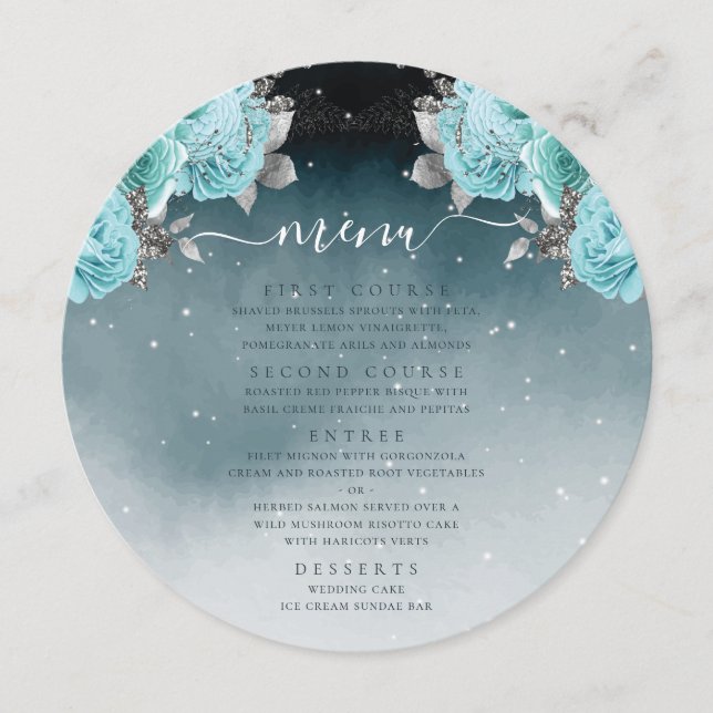 Dusty Blue Floral Luxury Wedding Menu (Front)