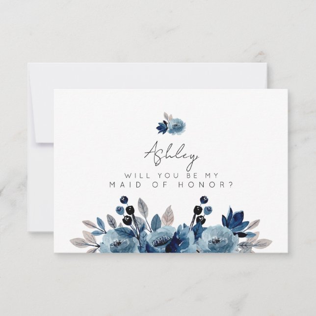 Dusty Blue Floral Maid of Honour Invitation (Front)
