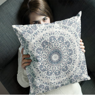 Dusty Blue Floral Mandala Cushion