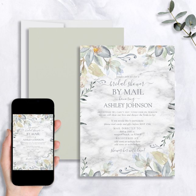 Dusty Blue Floral Marble Bridal Shower by Mail Invitation (Creator Uploaded)