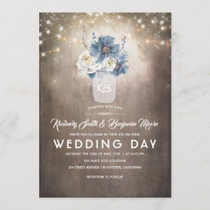 Dusty Blue Floral Mason Jar Rustic Country Wedding Invitation