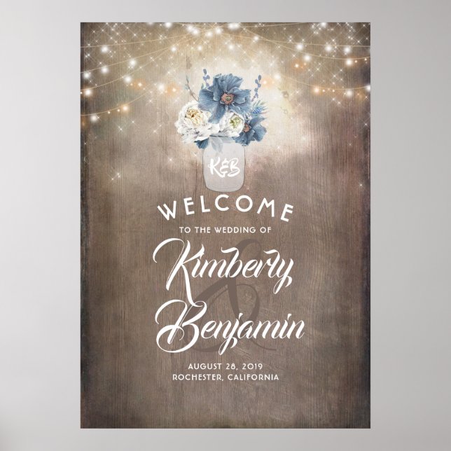 Dusty Blue Floral Mason Jar Wedding Welcome Sign (Front)