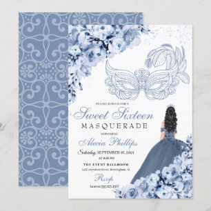 Dusty Blue Floral Masquerade Sweet 16 Invitation