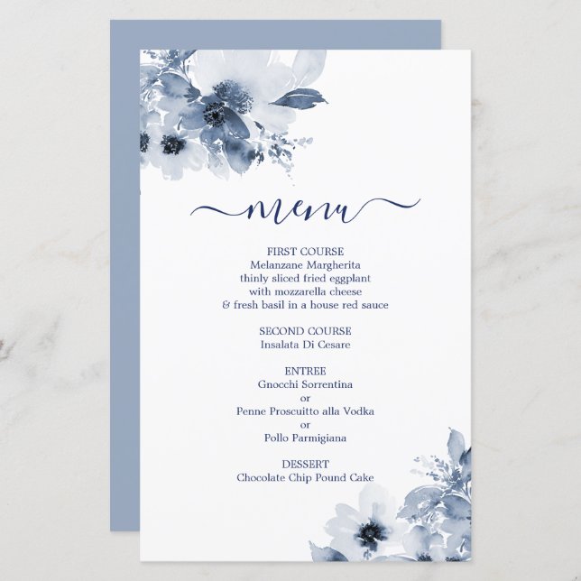 Dusty Blue Floral Menu Card (Front/Back)