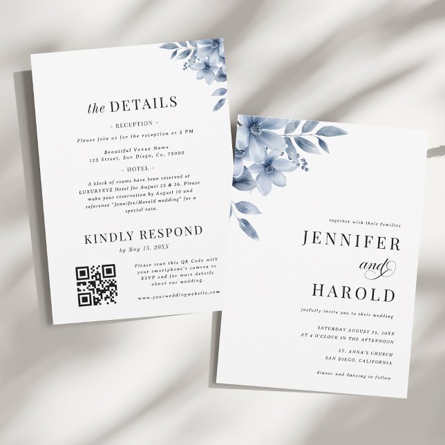 Dusty Blue Floral Minimal All in One Wedding Invitation (Creator Uploaded)