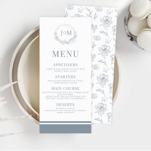 Dusty Blue Floral Minimalist Wedding Menu Cards