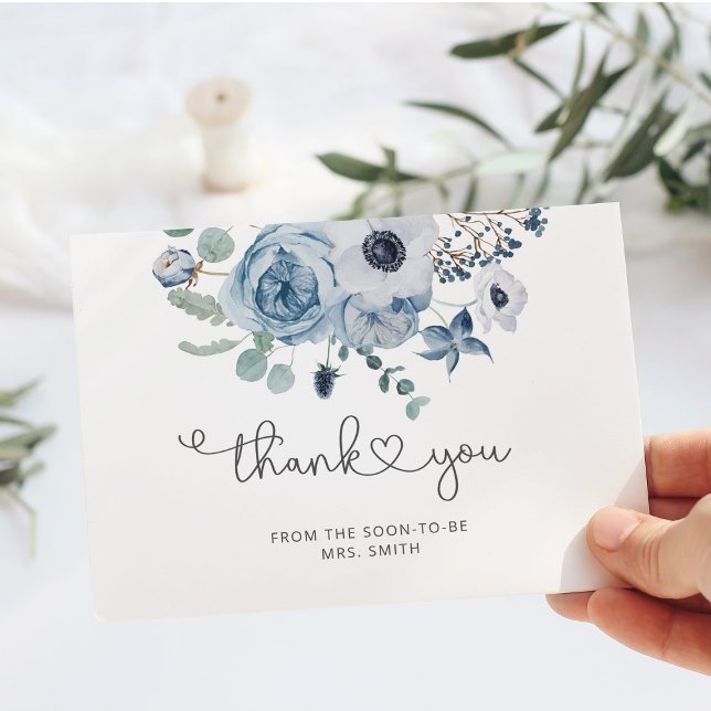 Dusty blue floral minimalist wedding thank you card (Creator Uploaded)