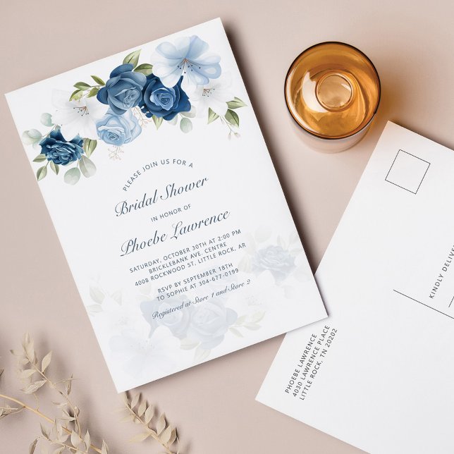 Dusty Blue Floral Modern Bridal Shower Invitation Postcard (Creator Uploaded)