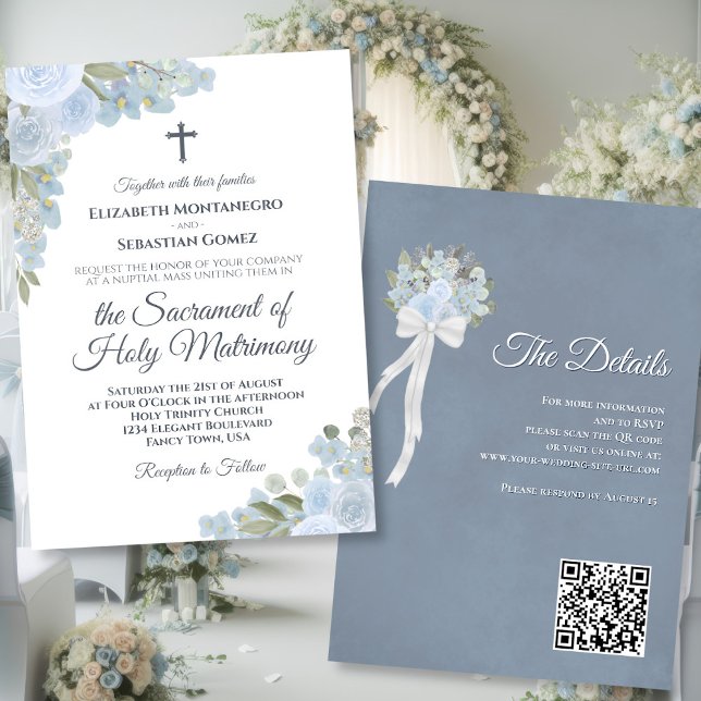 Dusty Blue Floral Modern Catholic QR Code Wedding Invitation (Front/Back)