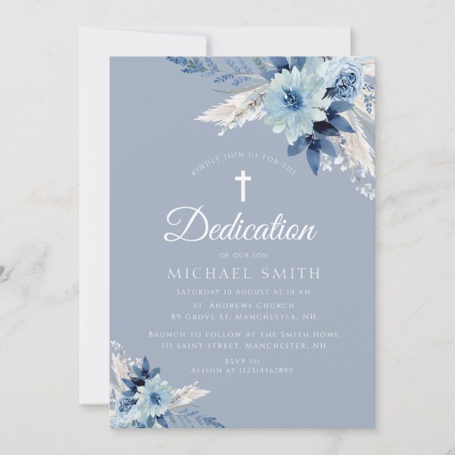 Dusty blue floral modern dedication invitation (Front)