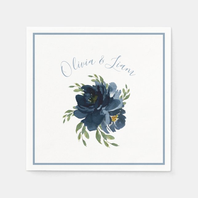 Dusty Blue Floral Modern Script Elegant Name Napkin (Front)