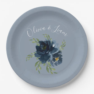 Dusty Blue Floral Modern Script Elegant Name Paper Plate