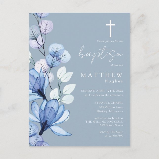 Dusty Blue Floral Monogram Baptism Invitation Postcard (Front)