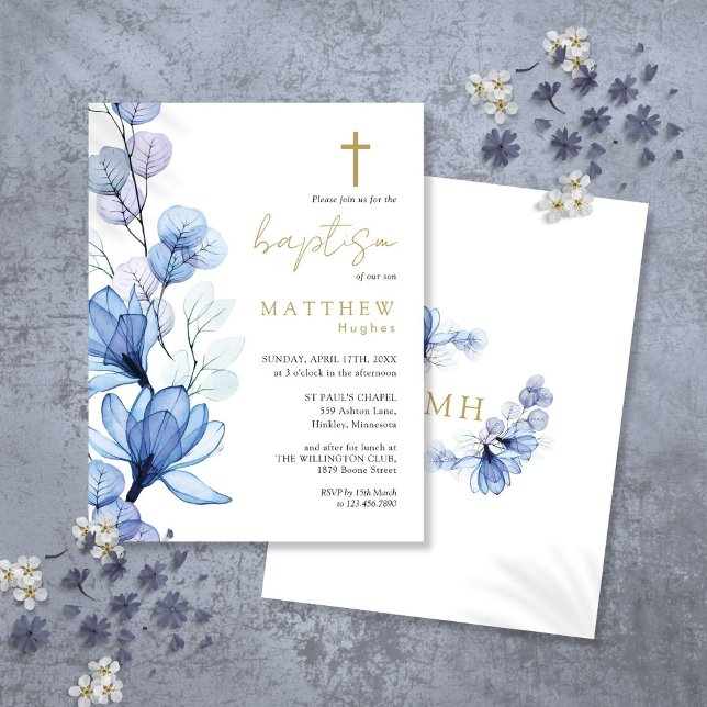Dusty Blue Floral Monogram Baptism Invitation Postcard (Dusty Blue Floral Monogram Baptism Invitation Postcard)