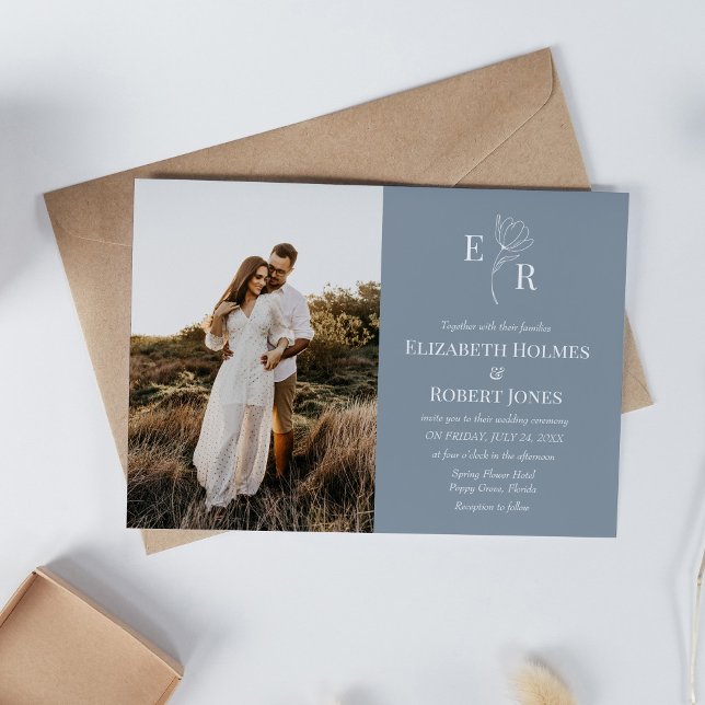 Dusty Blue Floral Monogram Custom Photo Wedding  Invitation (Dusty Blue Floral Monogram Custom Photo Wedding Invitation on white table with neutral decoration.)